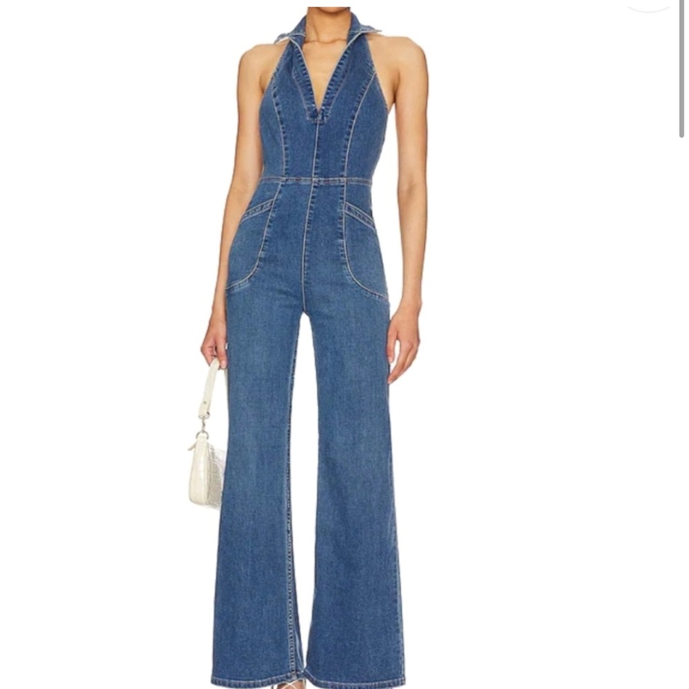 Free People Blue Halter Denim Jumpsuit with Flared Legs